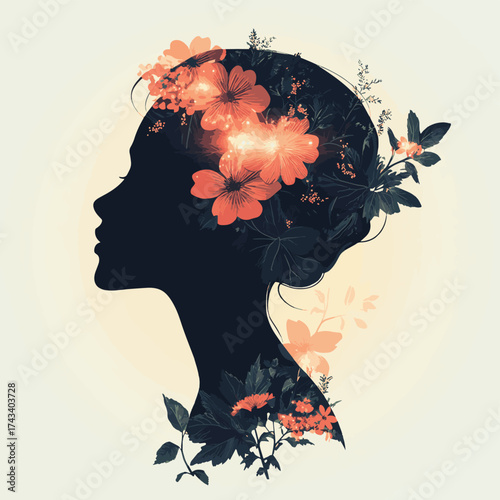 Woman for Floral Crown, Inner Light, Textured Art. , vector style simple color