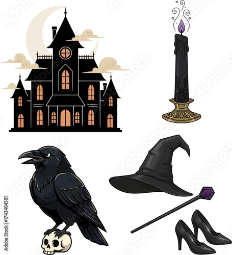 Detailed Halloween Illustration with Spooky Haunted House, Crow, and Accessories.