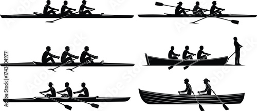 Rowing team silhouette vector set, black and white boat illustrations, crew sport icons, competitive rowing designs, isolated athletic graphic elements