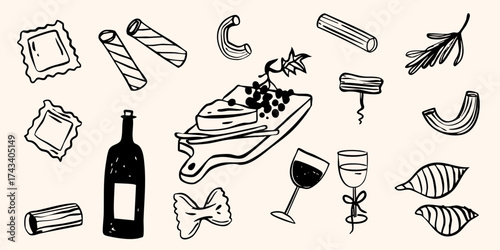 Hand drawn rustic pasta lover doodle vector illustration food sketch. Whimsical simple cheese, grapes, honey minimalistic vintage retro style graphics.