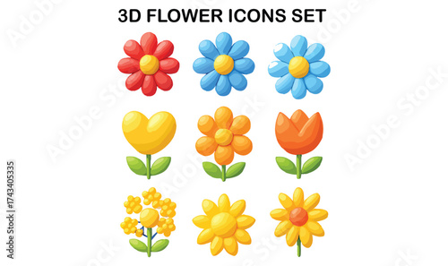 3D Flower Icons Set – Realistic Petal Texture with Soft Shadows and Highlight Effects