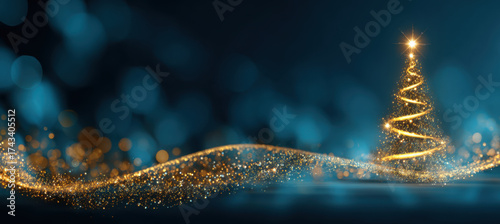 Stunning festive Christmas background featuring glowing golden Christmas tree, shimmering lights, and magical blue bokeh effect that evokes warm holiday spirit