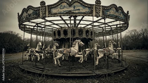 Eerie abandoned carousel decaying in a forgotten park. Creepy old merry-go-round with rusted horses. Post-apocalyptic horror atmosphere