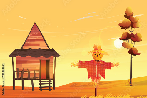 Countryside scene with scarecrow and cabin
in autumn
