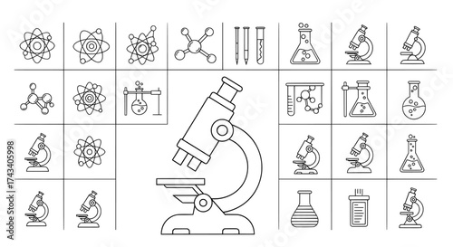 Collection of hand drawn science icons and illustrations featuring a microscope and laboratory equipment for educational and research concepts