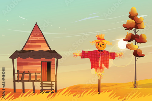 Countryside scene with scarecrow and cabin
in autumn