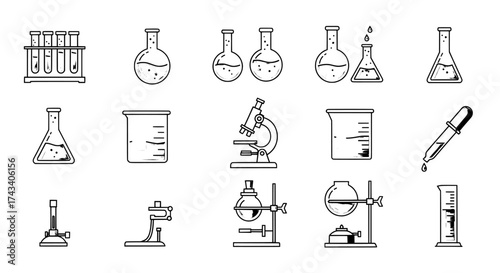 Collection of hand drawn scientific laboratory equipment and glassware for chemistry and biology experiments