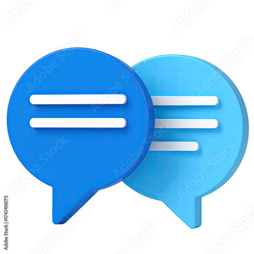 3D rendering of two overlapping speech bubbles, one light and one dark blue, with text lines