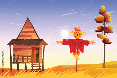 Countryside scene with scarecrow and cabin
in autumn