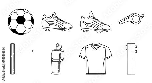Collection of hand drawn sketch illustrations of soccer football equipment and accessories on a white background