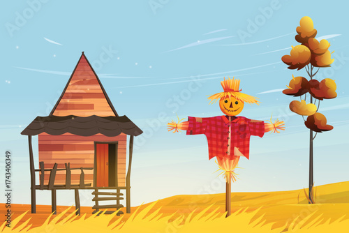 Countryside scene with scarecrow and cabin
in autumn