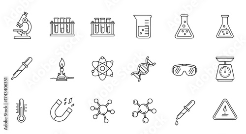 Collection of hand drawn scientific laboratory equipment and tools in a sketch style on a white background