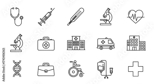 Collection of hand drawn medical icons representing healthcare symbols and equipment for a clean and modern design