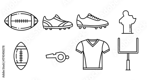 Collection of american football sports equipment and apparel illustrated with simple line art style