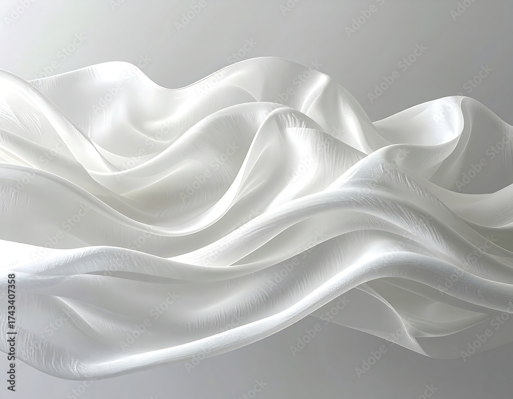 Obraz premium Silky smooth white fabric flows with gentle curves against a soft gray background, creating an elegant, airy effect