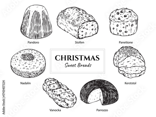 Collection of isolated hand drawn Christmas sweet bread outline drawing illustration