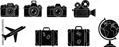 Travel and photography icons, camera silhouette, airplane, suitcase, globe, video camera, world exploration, tourism vector, black design elements