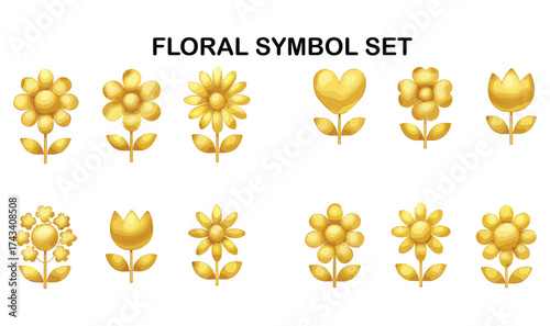 Luxury Golden Floral Symbol Set – Shiny Metallic Vector Design on White Background