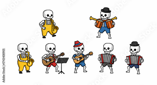 A group of cartoon skeletons dressed in colorful outfits, playing various musical instruments like guitar, accordion, saxophone, trumpet, and cello, on a white background.
