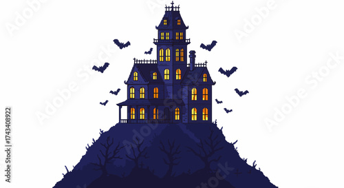 An illustration of a spooky, dark haunted mansion on a desolate hill with bats flying around.