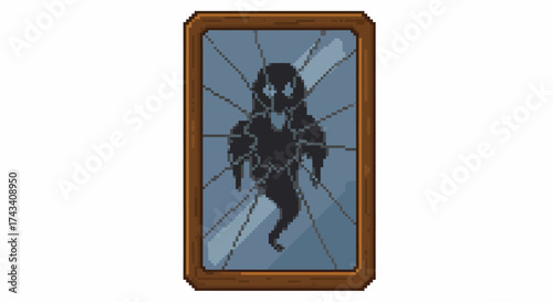 A spooky pixel art illustration of a cracked mirror reflecting a dark, ghostly figure with glowing eyes.