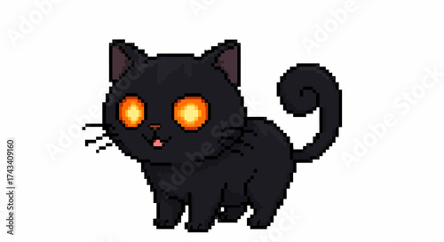 Cute pixel art black cat with glowing orange eyes and a curled tail, looking forward.
