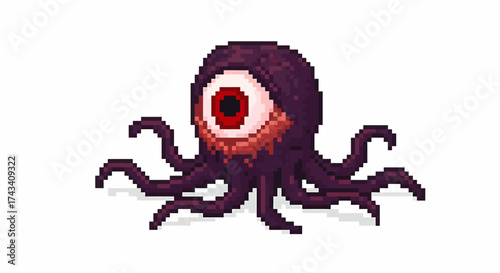 Pixel art monster with a large central eye, red iris, and multiple dark tentacles, resembling a game enemy.