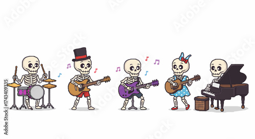 Cute cartoon skeletons playing various musical instruments in a band, including drums, guitars, and piano, on a white background.