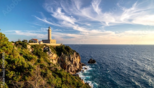 Coastal lighthouse atop a cliff, facing the ocean, under a partly cloudy sky during golden hour