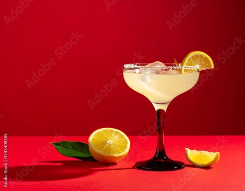 Cocktail glass with lemon and ice against a red background, creating a bold and refreshing visual statement