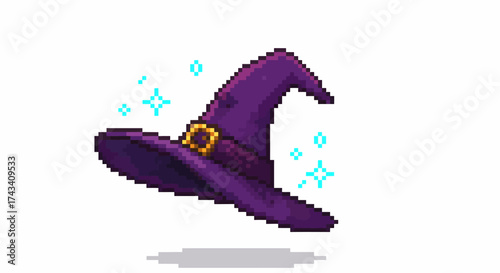 Pixel art purple witch hat with golden buckle and sparkling magic.