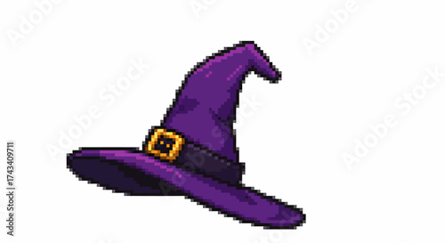 A vibrant purple pixel art witch hat with a golden buckle and black band.