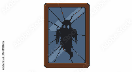 Pixel art illustration of a shattered mirror revealing a dark, shadowy ghost figure with glowing eyes.
