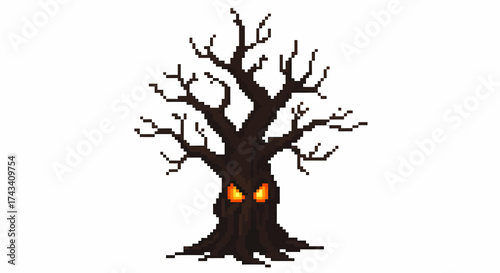 A pixel art illustration of a spooky, gnarled tree with bare branches and glowing orange eyes, set against a white background.