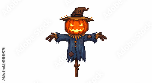 Pixel art scarecrow with a glowing jack-o'-lantern pumpkin head and tattered clothes on a white background.