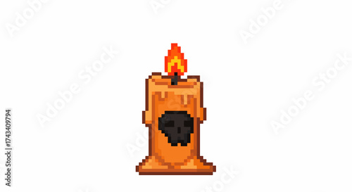 A pixel art orange candle with a black skull design and a bright burning flame.
