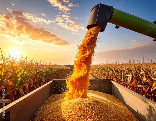 Corn pouring into a trailer on a farm at sunset, with golden light and rows of corn stalks