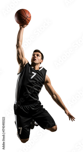 Athletic basketball player in midair performing a slam dunk.