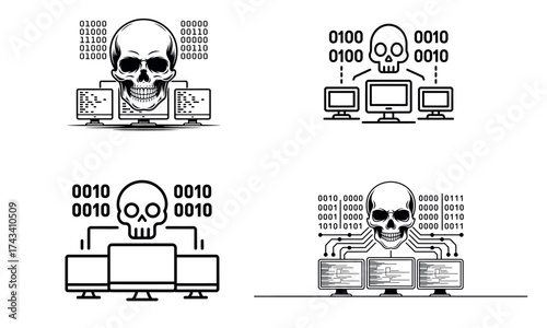 Cyber attack skull icon showing computer hacking and data breach concept
