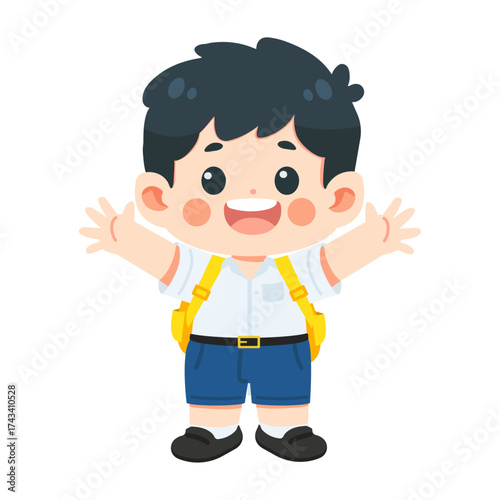 Illustration of Schoolboy with Backpack and Raised Arms