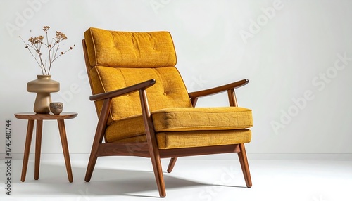 Cozy mustard yellow armchair with wooden frame sits next to a small table with decorative dried flowers