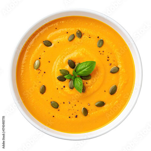 Overhead view of a bowl of creamy orange soup garnished with seeds and basil