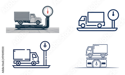 Truck on weighing scale illustration showing vehicle weight measurement concept
