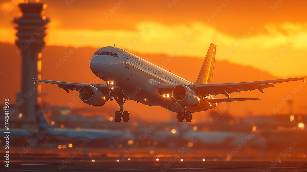 Fototapeta premium Commercial airplane taking off against stunning golden sunset sky and control tower in background