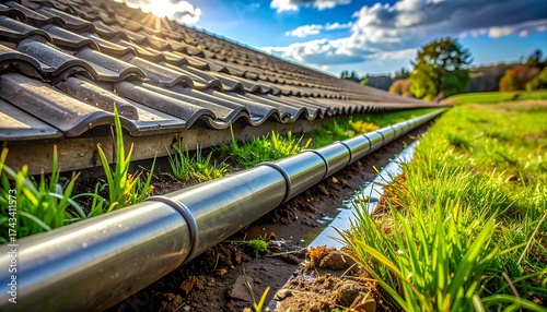 Roof gutter leading to a puddle