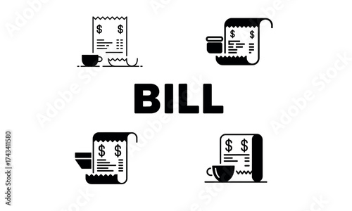 Bill icon set showing receipt payment and financial document concept
