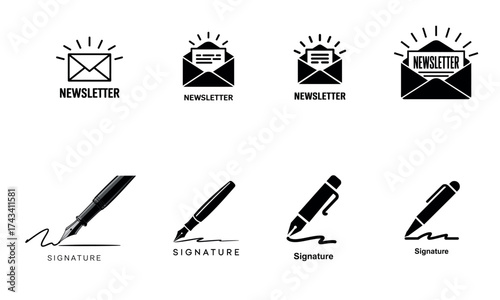 Newsletter and signature icon set showing email communication and document sign symbols
