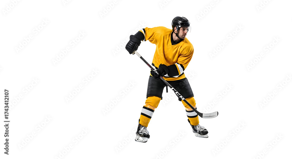 Fototapeta premium Hockey player in yellow uniform playing ice hockey.
