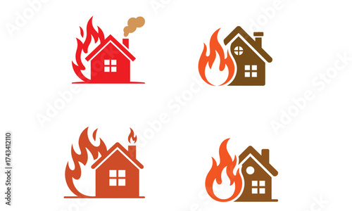 House on fire icon set showing burning home and disaster danger symbol
