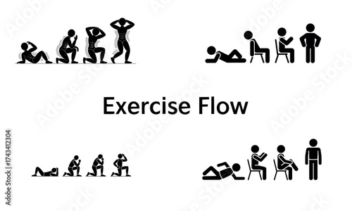 Exercise flow icon set showing fitness movements and workout positions
